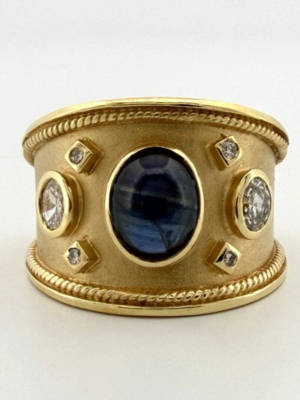 Handmade 18K Yellow Gold Sapphire Diamond Ring Wide Band Size 9 Estate 13g